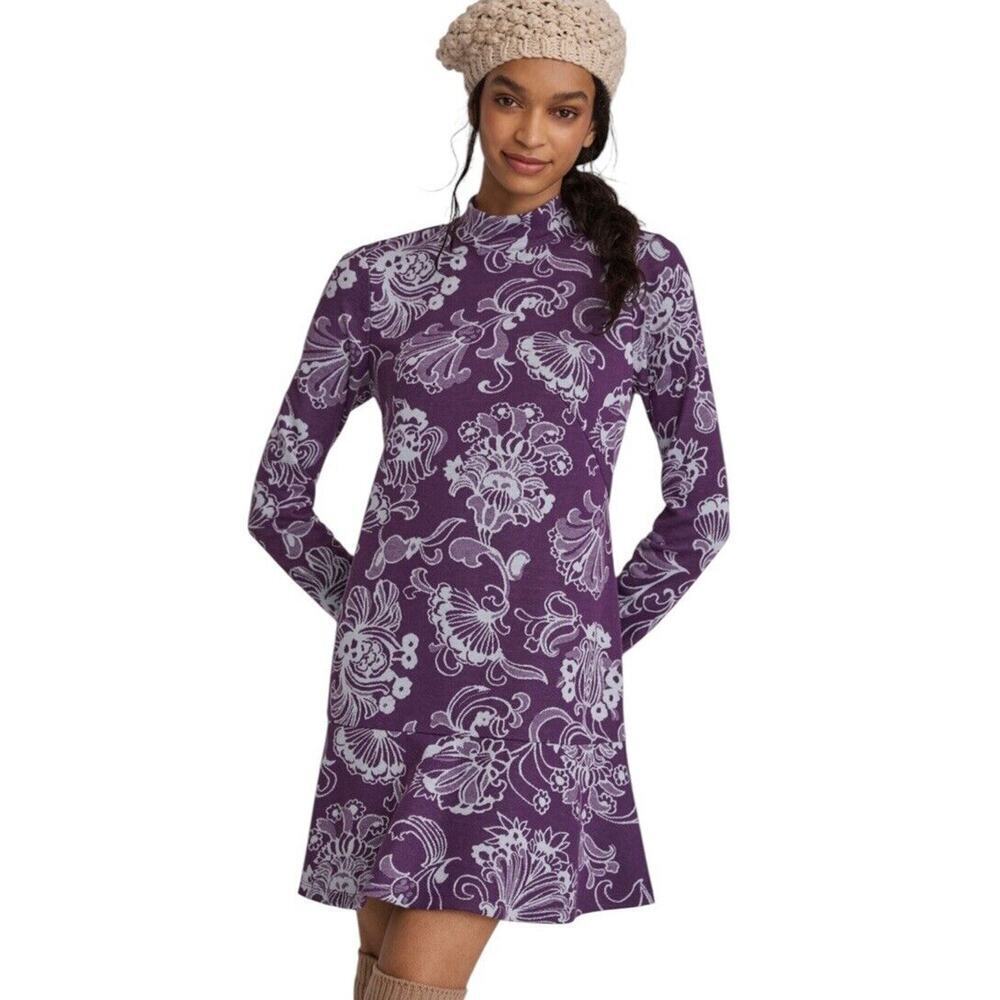 Anthropologie Maeve Knit Sweater Dress Size‎ L Mock Neck Floral Purple Open Back